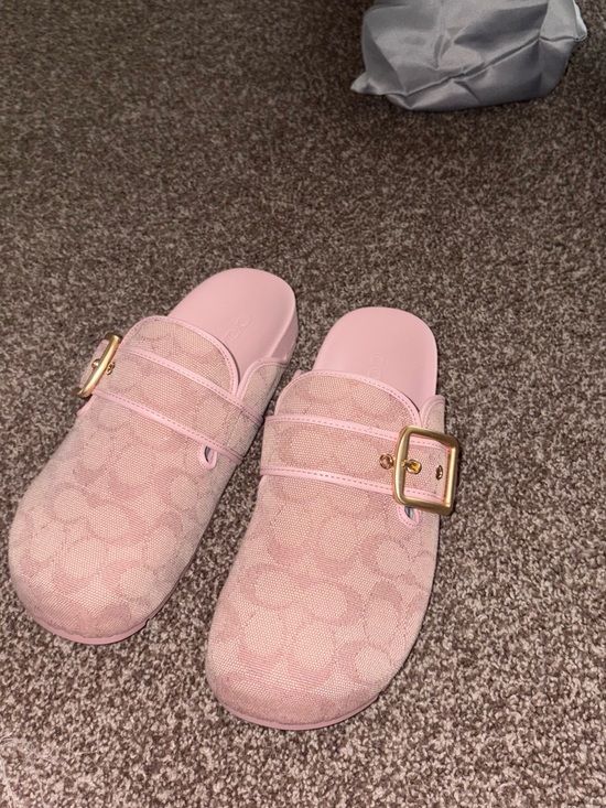 Coach Shoes - Pink Coach Signature Logo Slip-On Mules with Gold Buckle